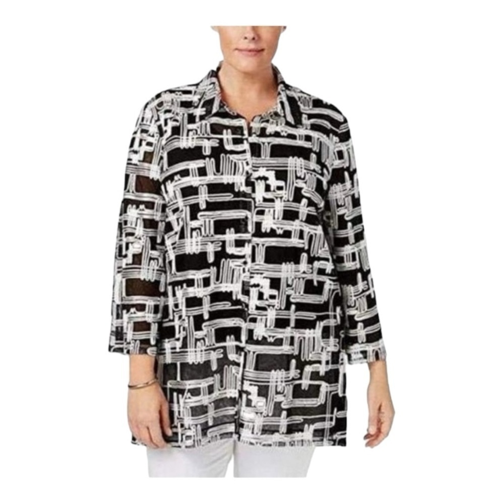 Black White Print Shirt Jacket Ribbed Front Pockets Black Lined Size XL